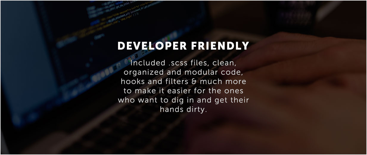 Developer friendly, Scss files, hooks and filters